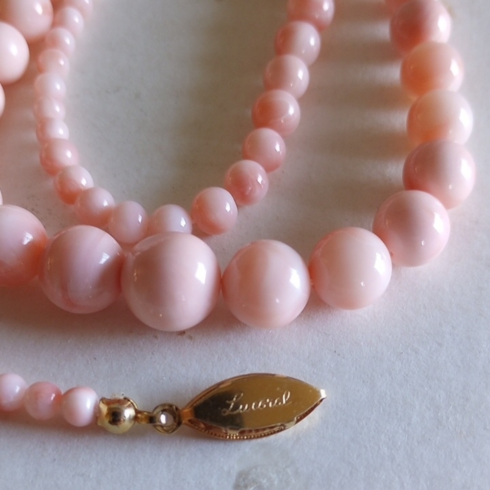 LUCORAL BABY PINK ANGEL SKIN CORAL  NECKLACE 24" LONG  SIGNED - Picture 3 of 7